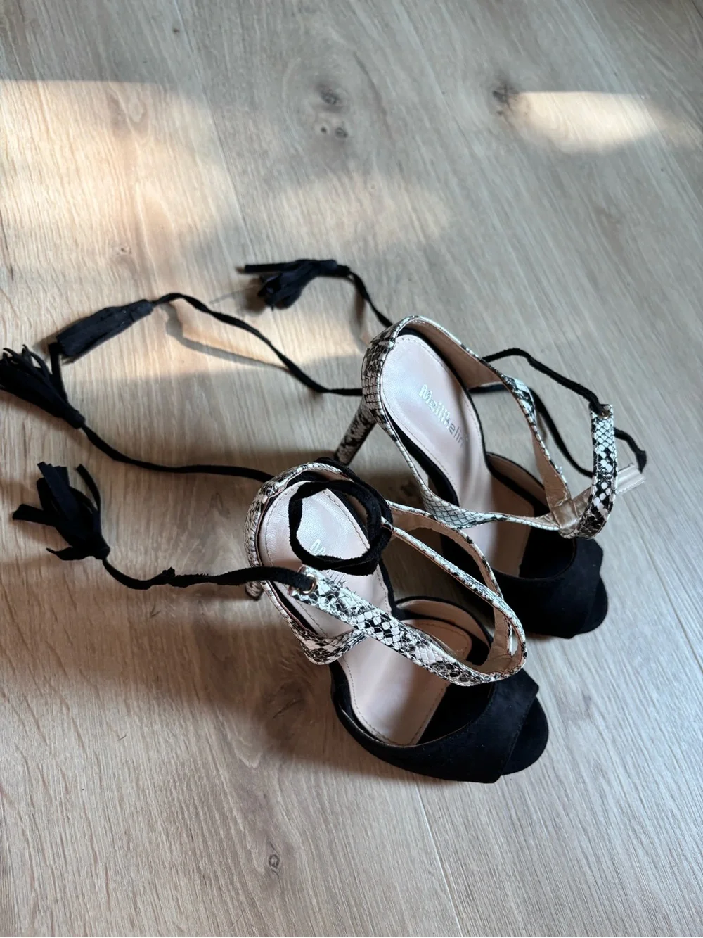 Merrell Black Suede Peep-Toe Heels with Snake-Print Ankle Straps